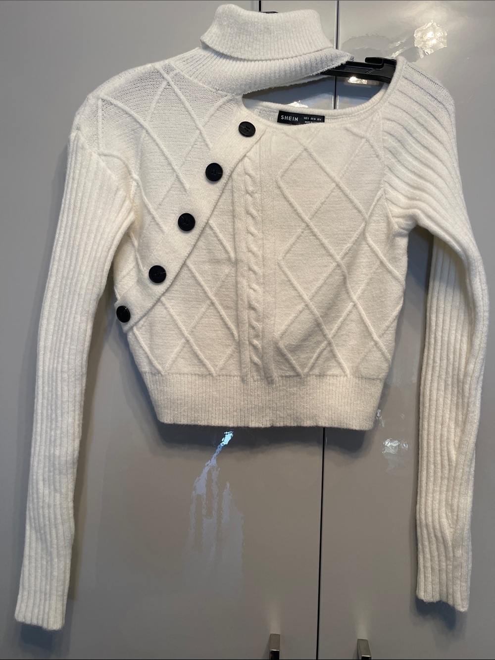 SHEIN White Asymmetric Cutout Cable Knit Turtleneck Sweater